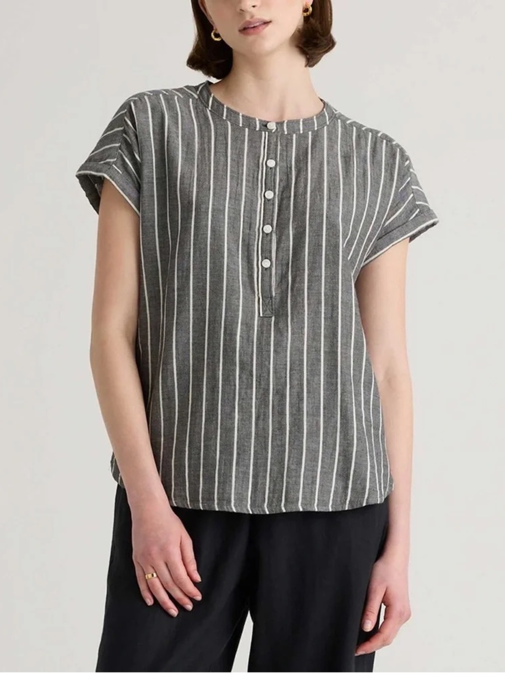 Quince Women’s 100% Organic Cotton Gauze Roll Sleeve Shirt Black Stripe Medium
